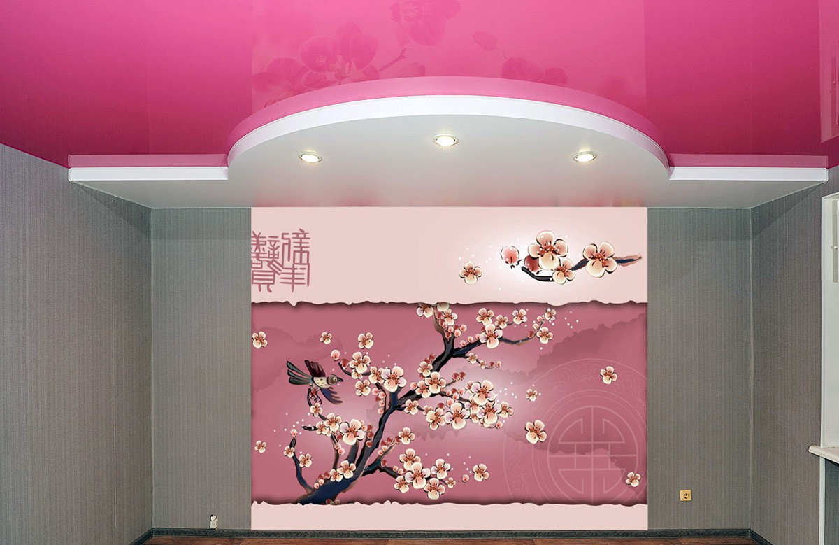 Двухуровневый розовый глянцевый натяжной потолок